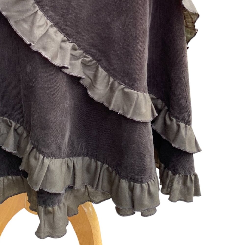 Vintage Brown Corduroy Tiered Ruffle Midi Skirt Boho Forest Fairy Indie Grunge-L - Picture 3 of 12